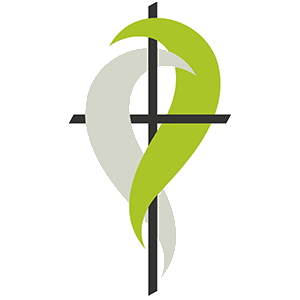 Das Logo zeigt ein schwarzes Kreuz, umgeben von einer hellgrauen und einer grünen, geschwungenen Form, die sich um das Kreuz winden.